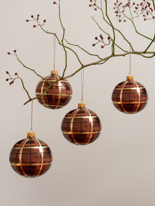 4 szklane bombki choinkowe w  brązowym z motywem kratki