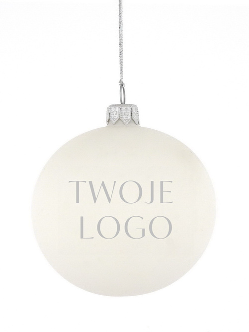 Zestaw 24 szklanych bombek choinkowych z logo w kolorze białym 10cm 